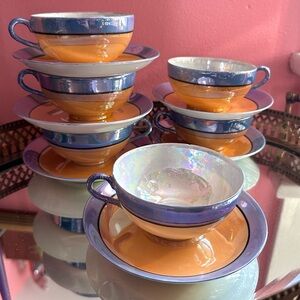 Set of 6 1930's Japanese Lusterware Persimmon and Cornflower Teacup Saucer Sets